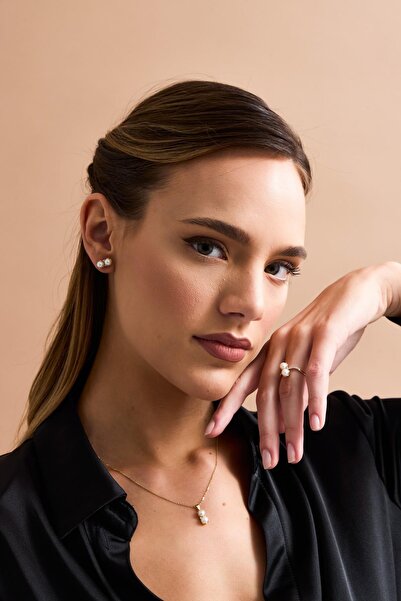 Birinci 14 Ayar Altın 5 mm İkili İnci Küpe Kolye Yüzük Üçlü Set