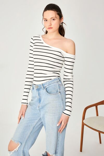 Kallisto Ecru Striped Camisole Asymmetric Collar Long Sleeve Blouse