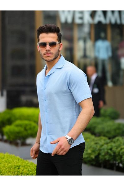 Pobudo Blue Color Cotton Linen Short Sleeve Shirt