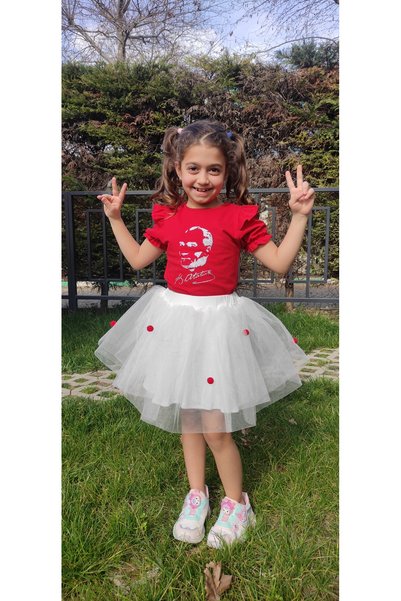Novy Baby 23 April Atatürk Printed Shoulder Sleeve Ruffle T-Shirt for Girls - 2-9 Years - Red Gray Glitter - 2088