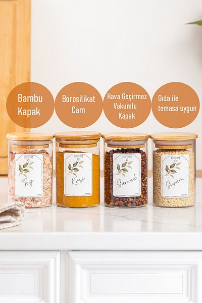 Porsima 3179 Glass 12-Piece Vacuum Bamboo Set - Spice Rack Set with Label Storage Container (150ml)