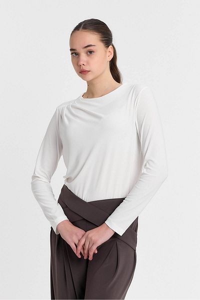 Laranor Ecru Pleated Detail on Shoulder Crew Neck Blouse Day - Night Chic 25L8010