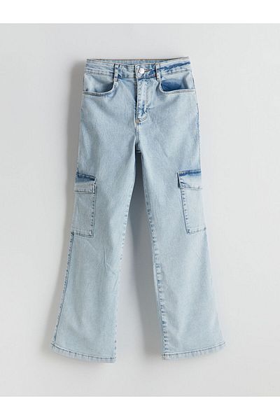 LC Waikiki Girl's Cargo Jean Trousers with Adjustable Elastic Waist