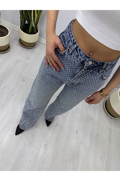 SEZON MAGAZALARI Pantaloni largi din denim de damă, cu piatră mică