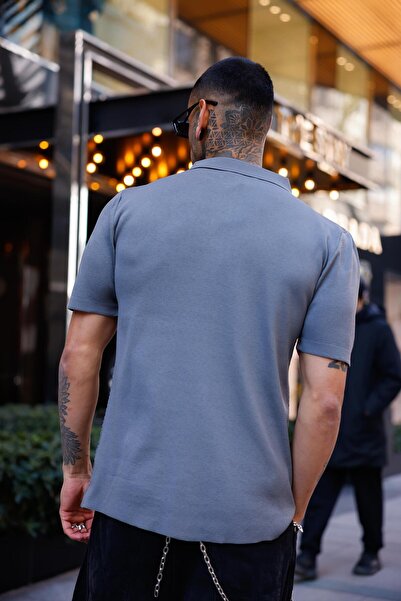 Pobudo Antrasit Renk Detaylı Kısa Kol Triko Gömlek