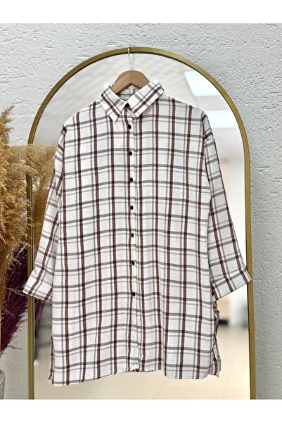 Ebrar Store Beyza Plaid Ayrobin Oversize Shirt-Na624 Brown
