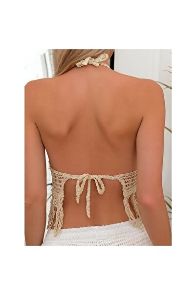 FASHION COCKTAIL Бежевий богемний пляжний бюстгальтер - в'язаний з губкою та бахромою, з зав'язками на спині, вишитий гачком