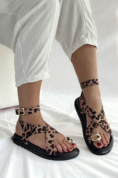 Shoebutik Rebeca Yellow Black Animal Pattern Metal Ring Detail Women's Sandals