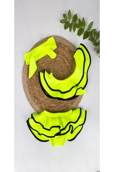 DeKuBaby Girls' Bikini Set with Bandana Flounces One Shoulder Ruffles Cutout Low-Cut Model