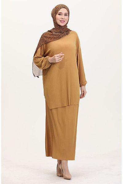 sefamerve Pleated Tunic & Skirt Double Set - Mustard 0015-03
