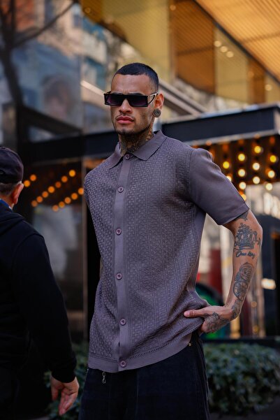 Pobudo Füme Renk Detaylı Kısa Kol Triko Gömlek