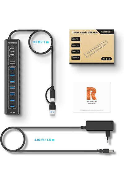 RSHTECH 11 Port Güçlendirilmiş USB C Hub 2X10 Gbps USB C 1X10 Gbps USB A Pd 20W 7x USB 3.0 5gbps Hub