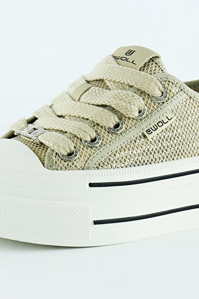 Erkan Saçmacı Beige High Sole Sport Mesh Stone Lace up Platform Sneaker