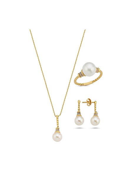 Birinci 14 Ayar Altın 8 mm Burgulu Zirkon Taşlı Doğal İnci Küpe Kolye Yüzük Üçlü Set