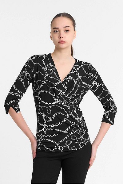 Laranor Chain Pattern Double Breasted Collar Three Quarter Sleeve Silk Viscose Blouse 25L7612