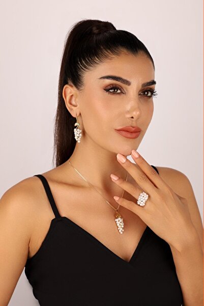 Birinci 14 Ayar Altın 4 mm Üzüm Salkımı Doğal İnci Küpe Kolye Yüzük Üçlü Set