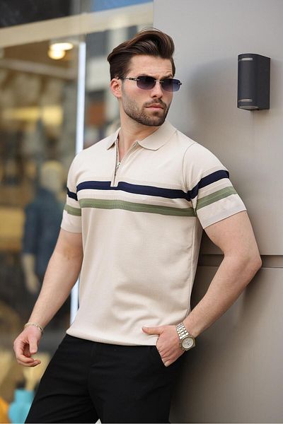 Madmext Ανδρικό μπλουζάκι με φερμουάρ Polo γιακά πλεκτό E7299
