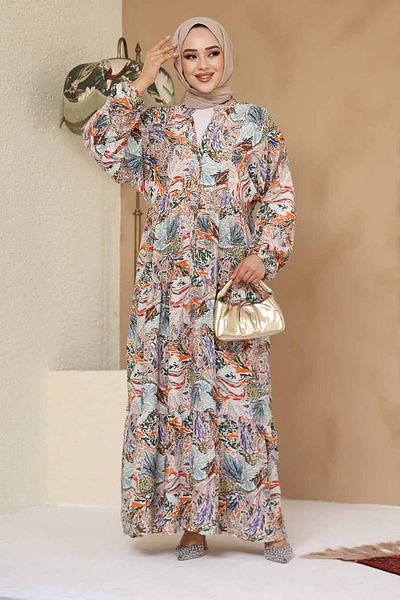 Neva Style Floral Patterned Orange Hijab Dress 235805 En