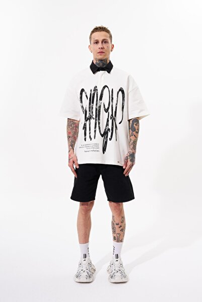 Machinist Ανδρικό μπλουζάκι με λαιμόκοψη εκρού Polo Oversize - Ψηλό εμπριμέ