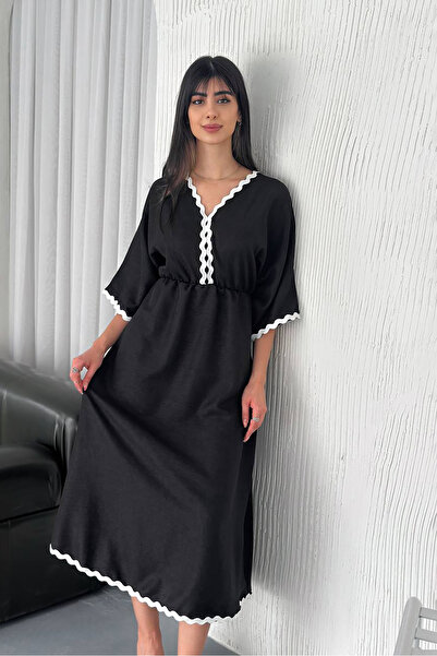 Neşeli Butik γυναικείο λινό φόρεμα με λαιμόκοψη V με μήκος midi NBK4155