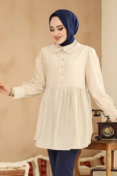 Neva Style Baby Collar Beige Hijab Tunic 40691Bej