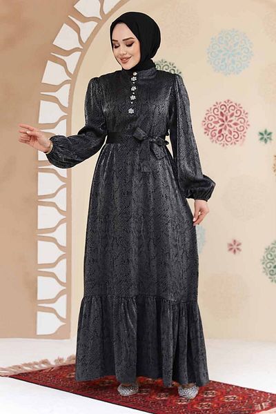 Neva Style Rochie jacquard neagră cu detaliu din piatră 23891S