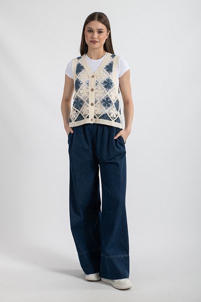 Hatun Atila Vestă acrilică pentru femei Hatunatila cu model de plăci Indigo - 5151