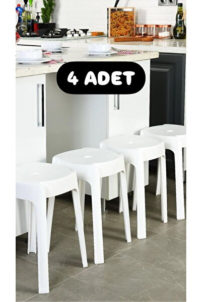 Bayev 4 Adet Beyaz Kaymaz Ayaklı Dekoratif Iç Içe Geçebilen Plastik Tabure Mu...