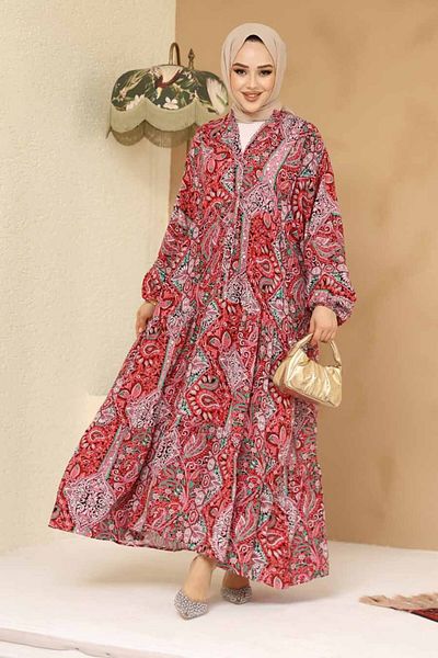 Neva Style Floral Patterned Cherry Hijab Dress 23454Vsn