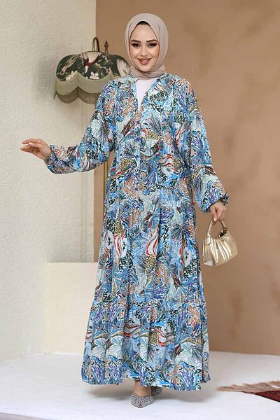 Neva Style Rochie hijab albastră cu modele florale 235805 M.