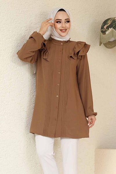 Neva Style Buttoned Dark Mink Hijab Tunic 42291Kv