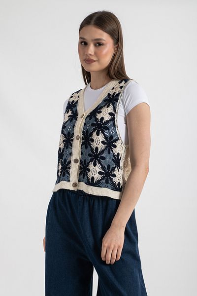 Hatun Atila Vestă acrilic pentru femei Hatunatila cu modele florale Ecru - 5154