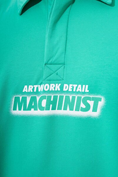 Machinist Light Green Oversize Polo Neck Men's T-Shirt - Contrast Piping Printed
