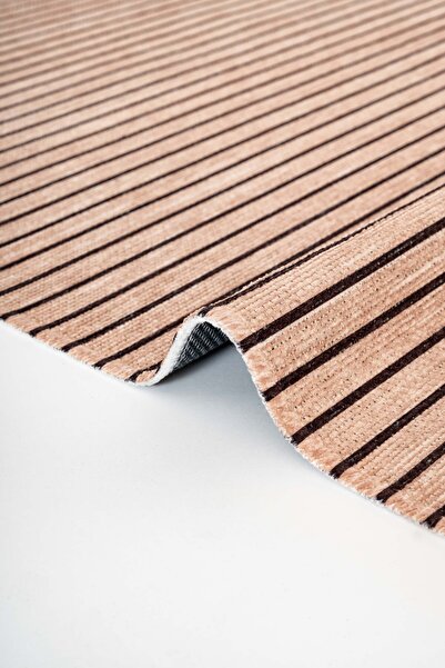 Oriente Home Line Patterned Runner Beige Black Washable Chenille Fringed Non-Slip Base Door Carpet 8380