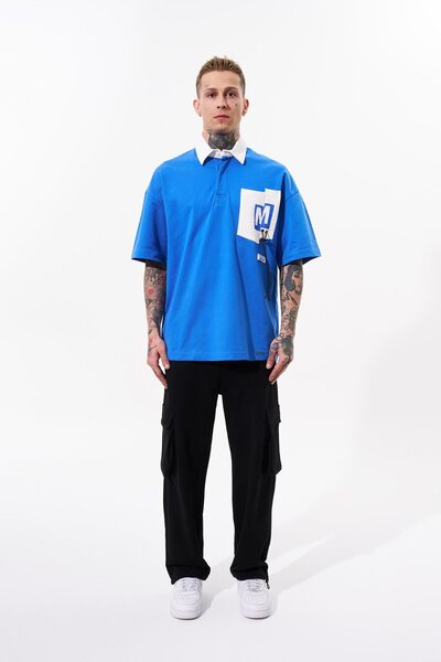 Machinist Ανδρικό μπλουζάκι με γιακά μπλε πόλο Oversize - Τσέπη αντίθεσης