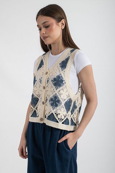 Hatun Atila Vestă acrilică pentru femei Hatunatila cu model de plăci Indigo - 5151