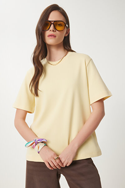 Lovelyİstanbul Βασικό πλεκτό μπλουζάκι από βαμβάκι ΚΙΤΡΙΝΟ LUS0094