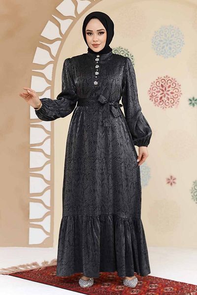 Neva Style Stone Detailed Black Hijab Jacquard Dress 23891S