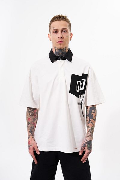Machinist Ecru Polo Neck Oversize Men's T-Shirt - Contrast Pocket