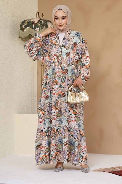 Neva Style Floral Patterned Orange Hijab Dress 235805 En