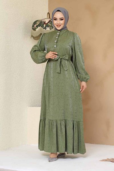Neva Style Stone Detailed Khaki Hijab Jacquard Dress 23891Hk