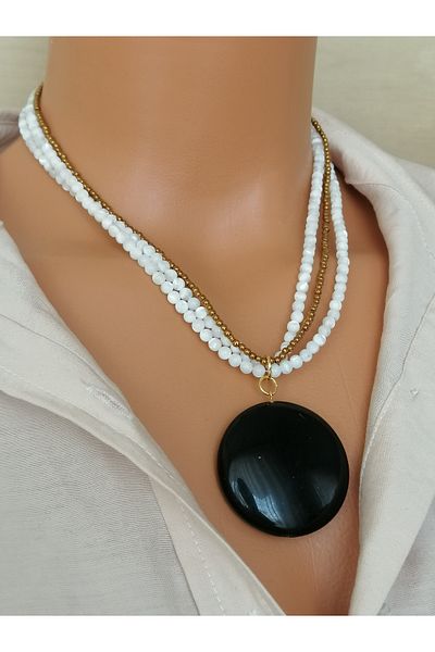 LemaStone قلادة من الحجر الطبيعي (العقيق الأسود والهيماتيت)