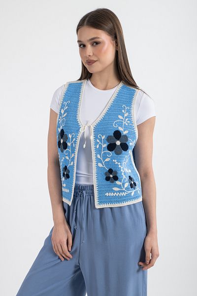 Hatun Atila Vestă acrilic pentru femei Hatunatila cu modele florale Baby Blue - 5155