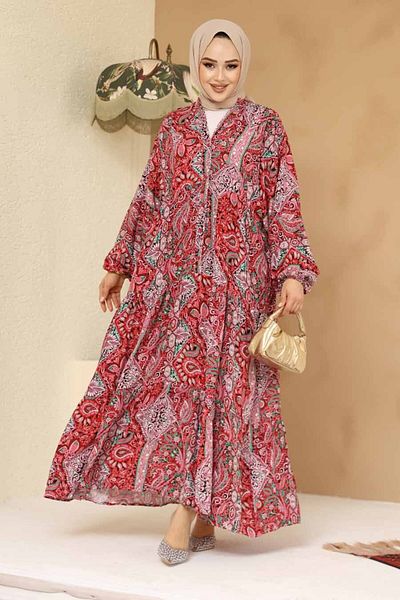 Neva Style Floral Patterned Cherry Hijab Dress 23454Vsn