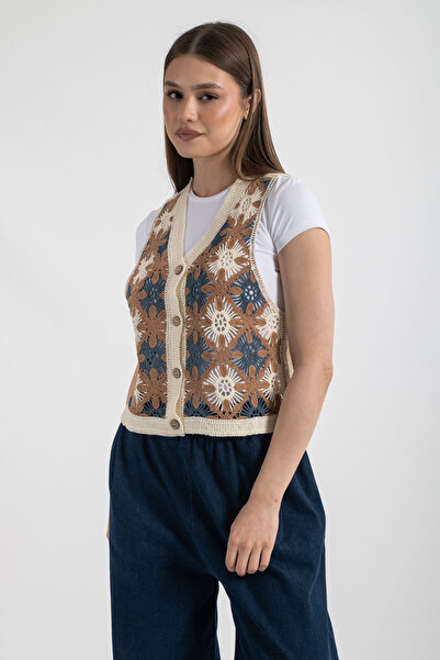 Hatun Atila Hatunatila Жіночий жилет з квітковим візерунком, акрил, кавовий - 5154