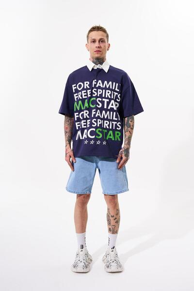 Machinist Чоловіча широка сорочка з принтом на комірі-поло, синя футболка