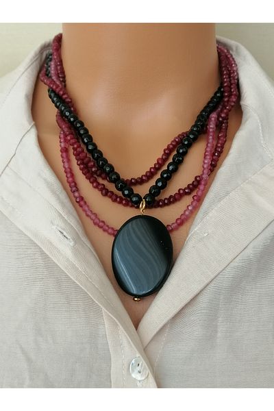 LemaStone Natural Stone Necklace (Designed with Black Agate, Onyx and Plum Ceyt Stones. Aa Quality)