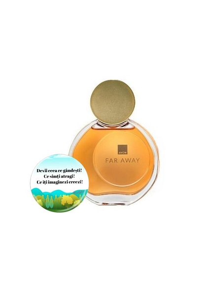 AVON Set for women, Far Away perfume and Dactylion badge with motivational message