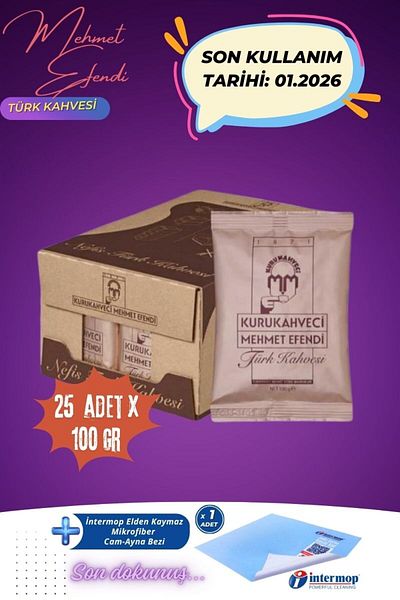 Mehmet Efendi Kurukahveci Turkish Coffee 25 X 100 g (Skt:01.2206) Intermop Sensitive Surface Cloth Gift