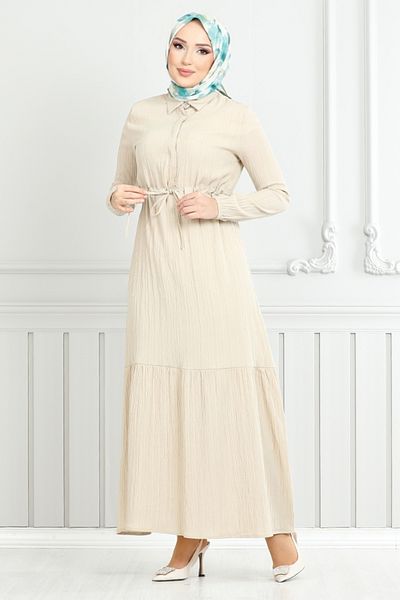 ModaMerve Lace-Up Hijab Dress 779Ase1099-M Stone